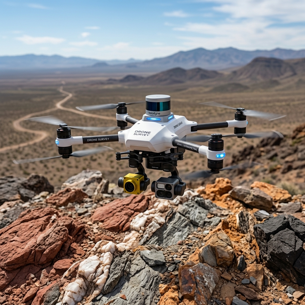 NumBird autonomous survey drone with LiDAR and hyperspectral sensors over mineral terrain