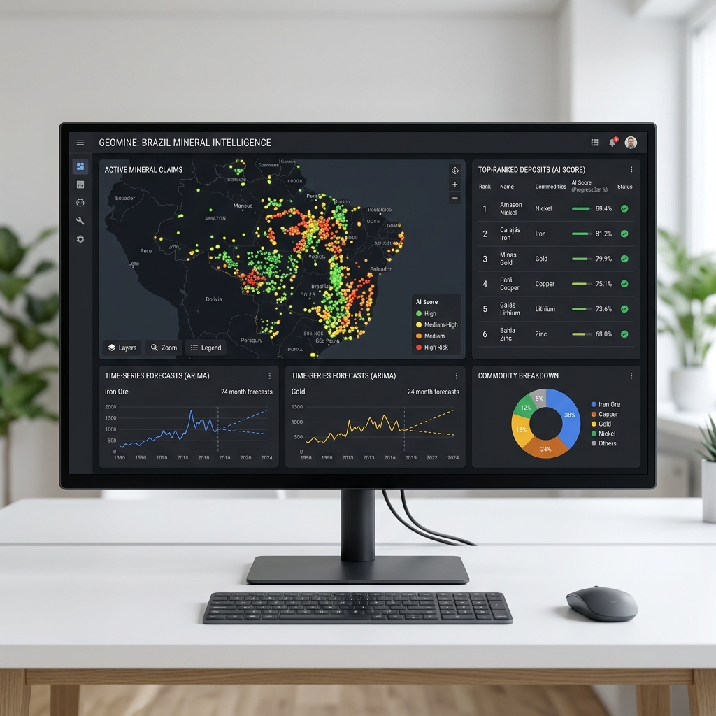 MineralScan sovereign intelligence platform — AI-scored mineral claims, ARIMA forecasts, and commodity analysis across Brazil