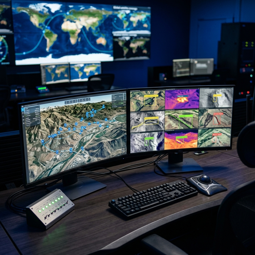 Mission control workstation showing 3D terrain mapping with drone positions and live multispectral camera feeds with AI anomaly detection