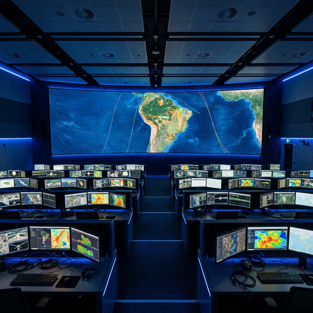 NASA-inspired mission control center with tiered workstations showing geospatial intelligence across South America