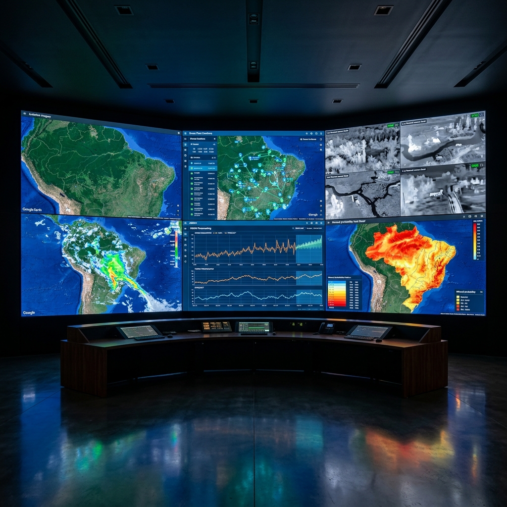 NumBird sovereign operations center — multi-mission video wall showing satellite imagery, drone fleet positions, weather radar, ARIMA forecasts, and mineral probability maps across Brazil