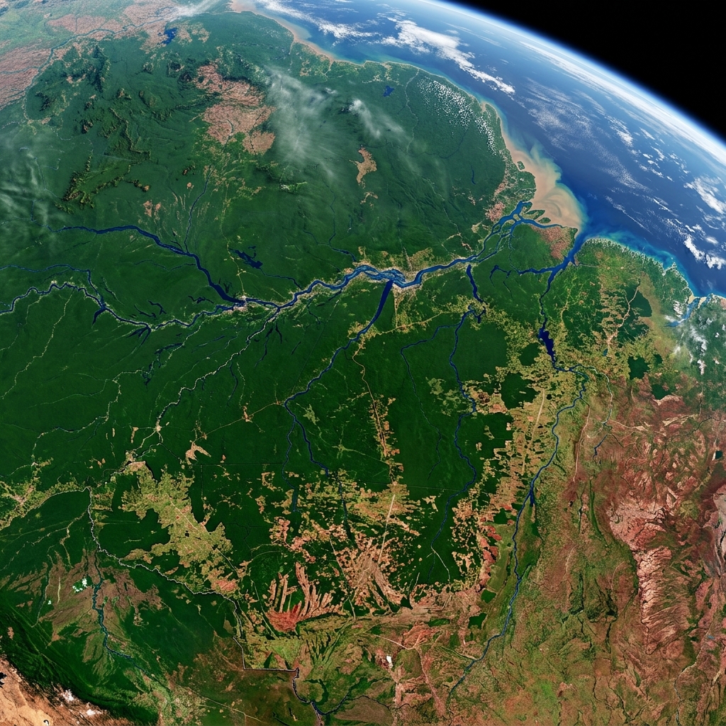NASA Sentinel satellite view of South America showing mineral deposits and river systems